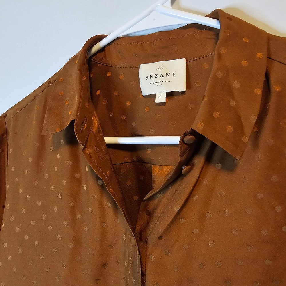 Sezane Silk Polka Dot Blouse Women 36 Rust Brown French Chic Quiet Luxury DESC - Picture 5 of 11